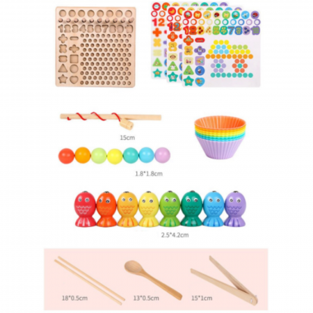 Jucărie din lemn multifuncțională de tip Montessori PUZZLE 3D, JOC DE STIVUIT, JOC DE PESCUIT MAGNETIC și JOC DE ASOCIERE CU BILE - Logarithmic plate with beads [6]