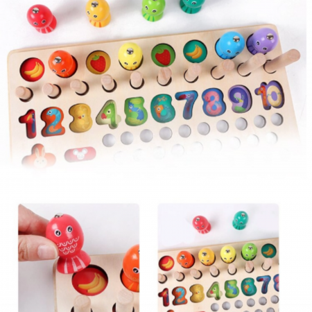 Jucărie din lemn multifuncțională de tip Montessori PUZZLE 3D, JOC DE STIVUIT, JOC DE PESCUIT MAGNETIC și JOC DE ASOCIERE CU BILE - Logarithmic plate with beads [5]