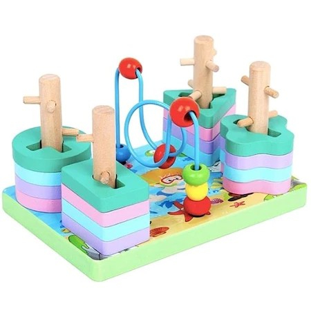 PROMOŢII - Jucărie multifuncţională din lemn cu 4 coloane sortator forme geometrice şi spirală motrică cu mărgele