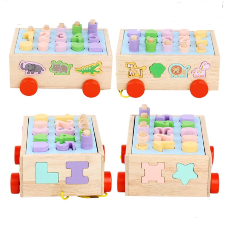 Jucarie din lemn de tip remorca cu sortator de forme si stivuit cerculete [6]