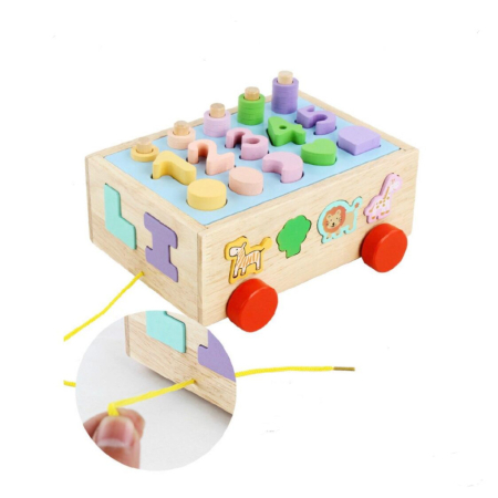 Jucarie din lemn de tip remorca cu sortator de forme si stivuit cerculete [7]