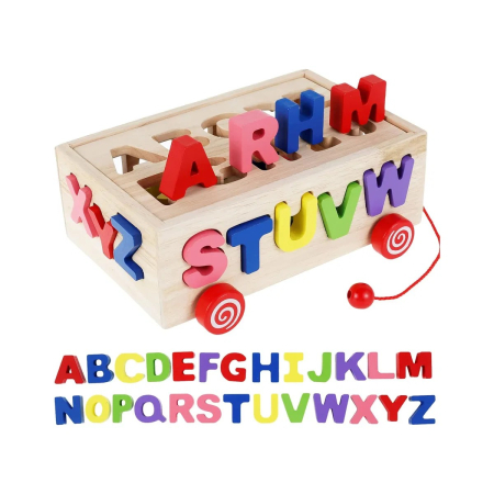 Jucarie din lemn de tip remorca cu sortator litere mari de tipar alfabet [2]