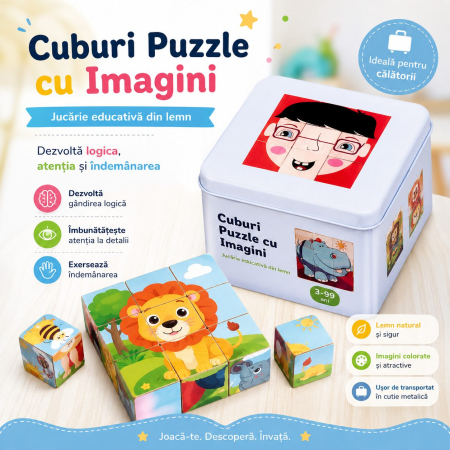 Jucarie Educativa din Lemn 9 Cuburi Puzzle cu Imagini in Cutie Metalica, Joc de Calatorie [4]