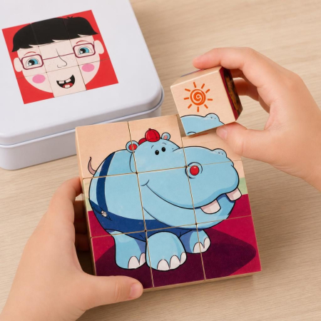 Jucarie Educativa din Lemn 9 Cuburi Puzzle cu Imagini in Cutie Metalica, Joc de Calatorie [2]