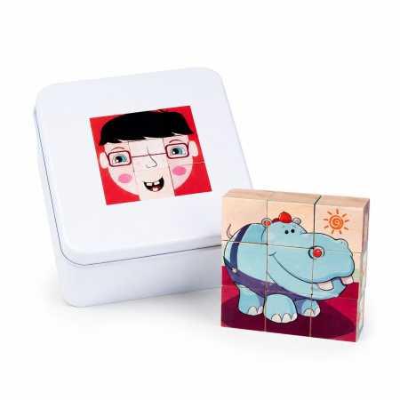 Puzzle - Jucarie Educativa din Lemn 9 Cuburi Puzzle cu Imagini in Cutie Metalica, Joc de Calatorie