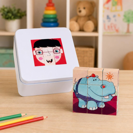 Jucarie Educativa din Lemn 9 Cuburi Puzzle cu Imagini in Cutie Metalica, Joc de Calatorie [1]