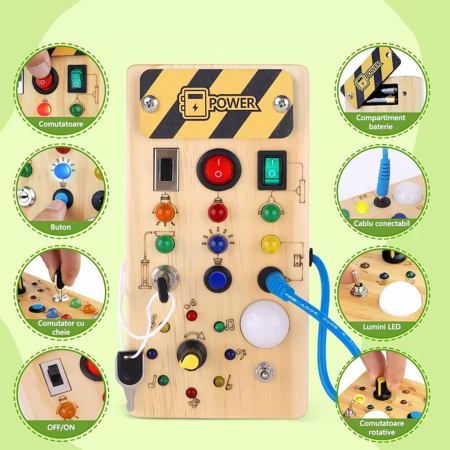 Jucarie educativa Montessori Busy board tableta din lemn cu comutatoare si lumini LED [3]
