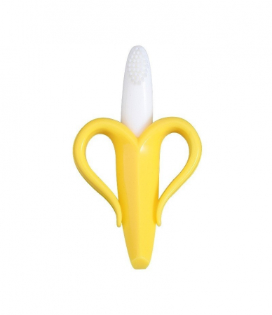 Jucarie gingivala din silicon nontoxic cu manere de prindere si periuta de dinti bebelusi 2 in 1 banana [1]