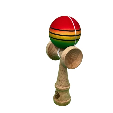 Jucarie Kendama din lemn grip cauciuc 18 cm bila gradient verde, galben, rosu si dungi [1]