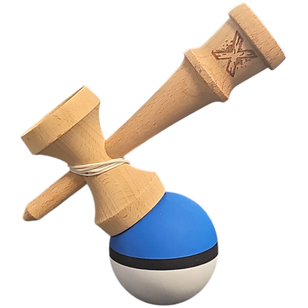 Jucarie Kendama X din lemn 18 cm grip cauciuc, bila alb, albastru inchis si dunga neagra [2]