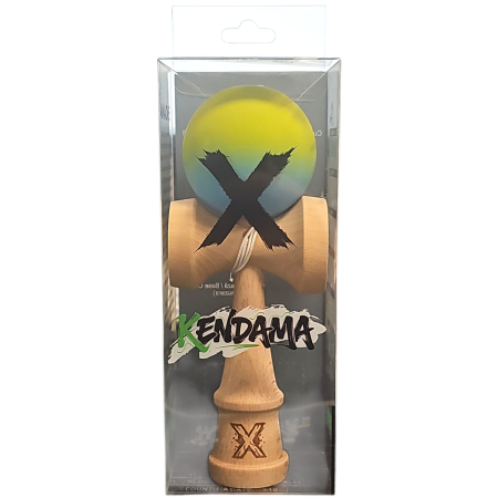Jucarie Kendama X din lemn 18 cm grip cauciuc, bila alb, gradient galben, bleu [3]