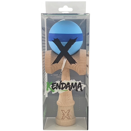 Jucarie Kendama X din lemn 18 cm grip cauciuc, bila bleu cu dunga albastru inchis [1]