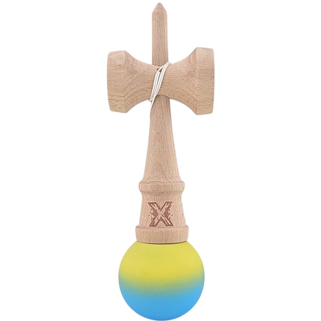 Jucarie Kendama X din lemn 18 cm grip cauciuc, bila gradient albastru deschis, galben [2]