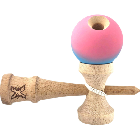 Jucarie Kendama X din lemn 18 cm grip cauciuc, bila gradient roz, albastru deschis [2]
