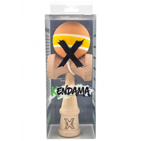 Jucarie Kendama X din lemn 18 cm grip cauciuc, bila portocalie cu dungi albe si galbene [1]