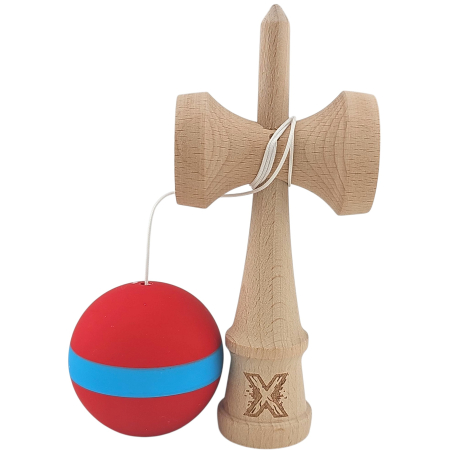 Jucarie Kendama X din lemn 18 cm grip cauciuc, bila rosie si dunga albastra [2]