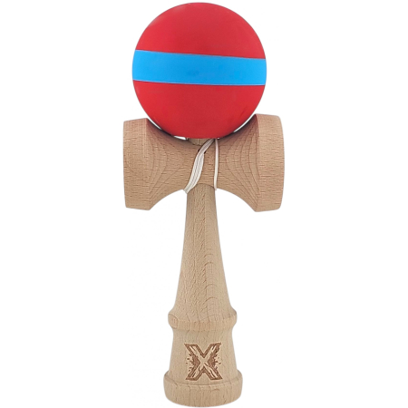 KENDAMA - Jucarie Kendama X din lemn 18 cm grip cauciuc, bila rosie si dunga albastra