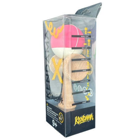 Jucarie Kendama X din lemn 18 cm grip cauciuc, bila roz si alb [3]