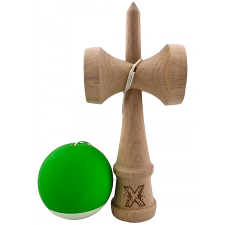 Jucarie Kendama X din lemn 18 cm grip cauciuc, bila verde si alb [2]