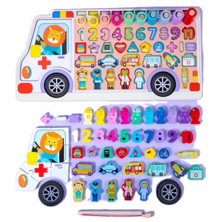 Jucărie multifuncțională 6 în 1 din lemn PUZZLE 3D, JOC DE STIVUIT, JOC DE PESCUIT MAGNETIC - AMBULANTA