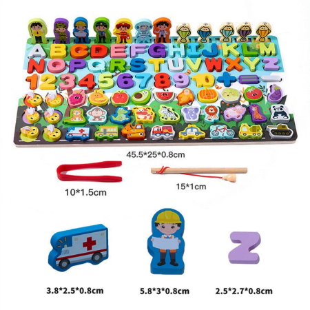 Jucărie multifuncțională din lemn Pescuit magnetic, joc de motricitate, Puzzle 3D alfabet, numere, fructe, legume, animale, vehicule [2]