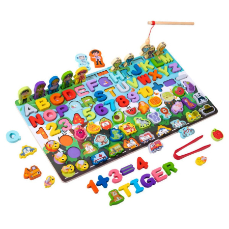Jocuri Educative - Jucărie multifuncțională din lemn Pescuit magnetic, joc de motricitate, Puzzle 3D alfabet, numere, fructe, legume, animale, vehicule