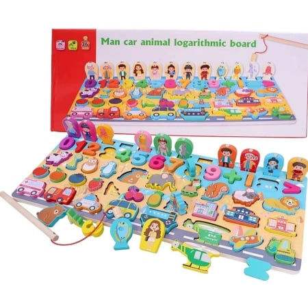 Jucării copii 5-6 ani - Jucărie multifuncțională din lemn Pescuit magnetic, joc de motricitate, Puzzle 3D numere, fructe, animale, vehicule,meserii, familia