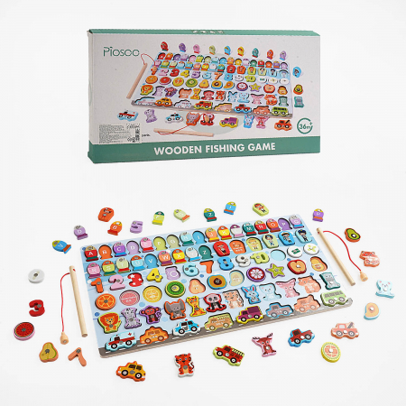 Jocuri Educative - Jucărie multifuncțională din lemn Pescuit magnetic, Puzzle 3D alfabet, meserii, numere, fructe, animale, vehicule