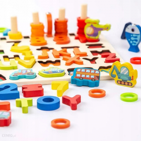 Jucarie multifunctionala din lemn puzzle 3D, joc de stivuit, joc de pescuit magnetic vehicule [3]