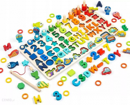 Jucării din lemn - Jucarie multifunctionala din lemn puzzle 3D, joc de stivuit, joc de pescuit magnetic vehicule