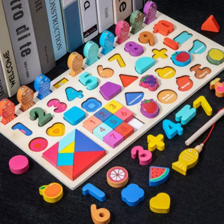 Jucării din lemn - Jucărie multifuncțională din lemn Puzzle 3D, Tangram, Joc de pescuit magnetic Versatile Fishing Game