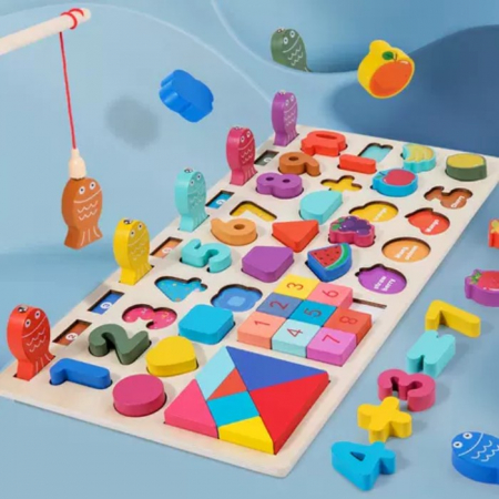 Jucărie multifuncțională din lemn Puzzle 3D, Tangram, Joc de pescuit magnetic Versatile Fishing Game [2]