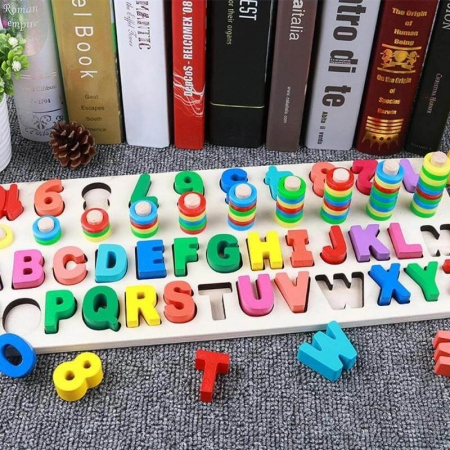 Jucarie multifunctionala din lemn puzzle si joc de stivuit - Alphanumeric pairing puzzle [3]