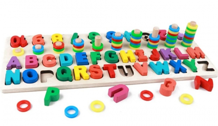 Jucarie multifunctionala din lemn puzzle si joc de stivuit - Alphanumeric pairing puzzle
