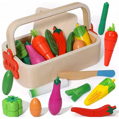 Jucării de rol - Ladita cu legume de feliat din lemn Vegetable cut open