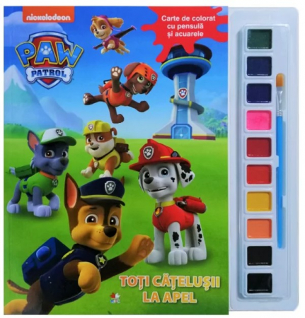Cărţi de colorat - Patrula Cățelușilor. Toți cățelușii la apel. Carte de colorat cu pensulă și acuarele