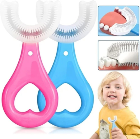 Periuta de Dinti in Forma de U, pentru Sugari si Copii 2-6 ani, Peri Moi, 9 cm, Model Inima, Culoare albastru deschis [1]