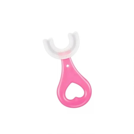 Ingrijire si hranire bebelusi si copii - Periuta de Dinti in Forma de U, pentru Sugari si Copii 2-6 ani, Peri Moi, 9 cm, Model Inima, Culoare Roz