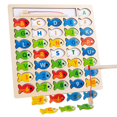Jocuri Didactice - Placa din lemn de pescuit magnetic litere si numere