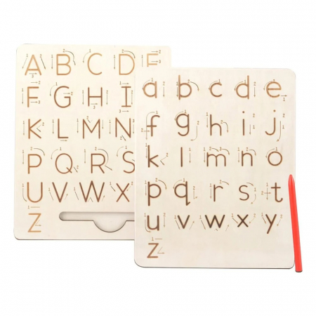 Jocuri Didactice - Placa din lemn Montessori cu creion - trasarea literelor mari si literelor mici de tipar