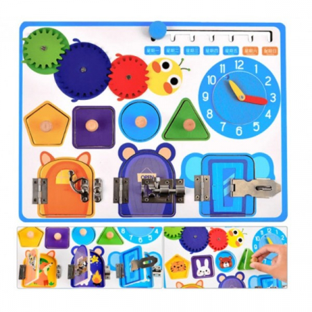 Jocuri Educative - Placa puzzle si activitati Montessori incuietori din lemn, calendar si ceas