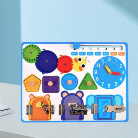 Placa puzzle si activitati Montessori incuietori din lemn, calendar si ceas [5]