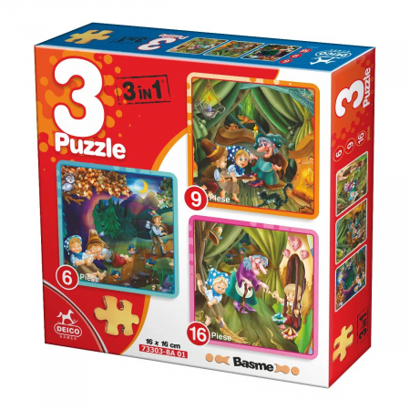 Jocuri Educative - Puzzle 3 în 1 Hansel și Gretel – Puzzle 6, 9 și 16 piese