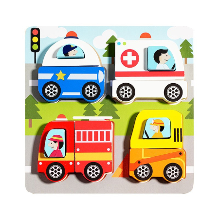 Jucării copii 4-5 ani - Puzzle 4 in 1 3D din lemn vehicule