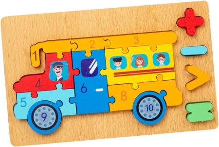 Jocuri Educative - Puzzle din lemn 3D cu piese numerotate si operatii aritmetice Autobuz Scolar