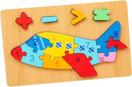 Jocuri Educative - Puzzle din lemn 3D cu piese numerotate si operatii aritmetice Avion
