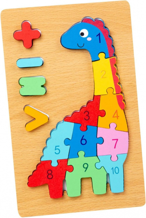 Puzzle - Puzzle din lemn 3D cu piese numerotate si operatii aritmetice Dinozaur