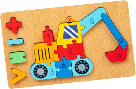 Jocuri Educative - Puzzle din lemn 3D cu piese numerotate si operatii aritmetice Excavator