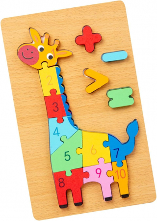 Jocuri Educative - Puzzle din lemn 3D cu piese numerotate si operatii aritmetice Girafa