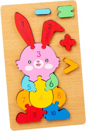 Jocuri Educative - Puzzle din lemn 3D cu piese numerotate si operatii aritmetice Iepuras